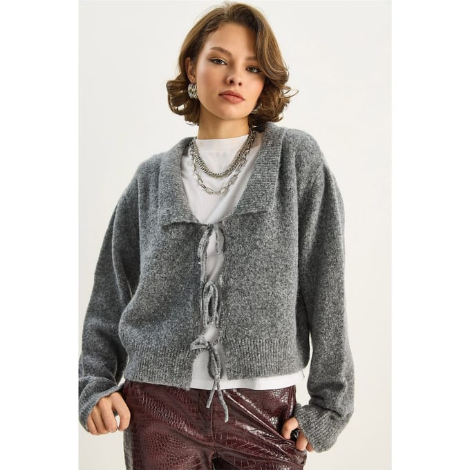 Oversized V-hals Riem Sluiting Geribde Cardigan