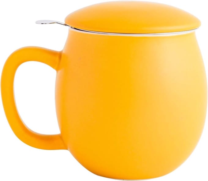 Porselein Theekopje 12 oz met Infuser en Deksel - Mat Geel