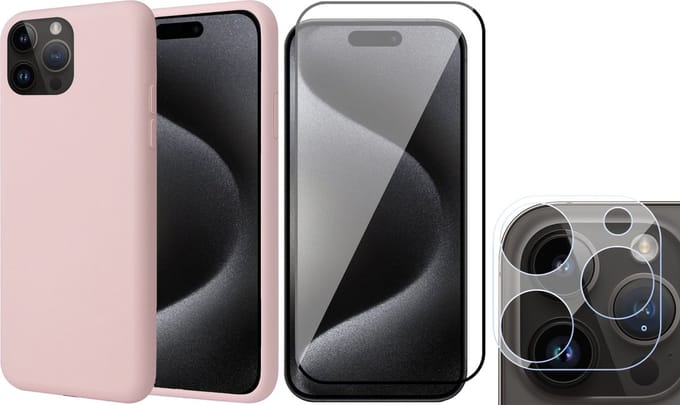 Hoesje geschikt voor iPhone 15 Pro - Screenprotector FullGuard & Camera Lens Screen Protector - Back Cover Case SoftTouch Roze