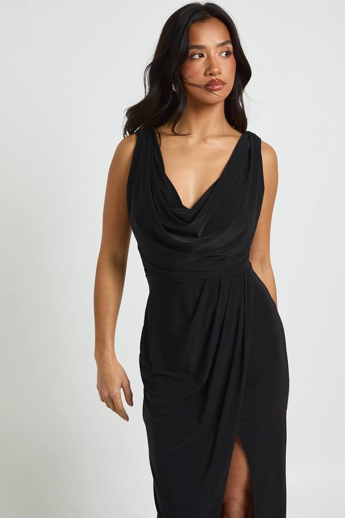 boohoo Dames Petite Slinky Geplooide Wikkel Maxi Jurk | Black | Maat: 4