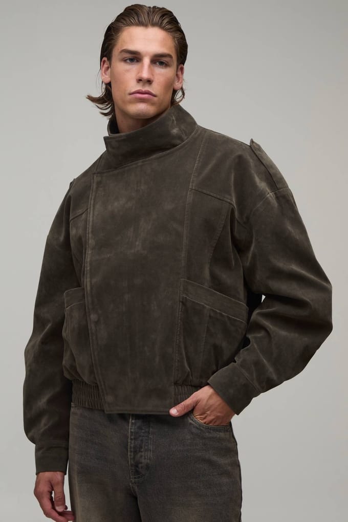 Boxy Fit Faux Suède Funnel Biker Jack | Chocolate | Size Medium
