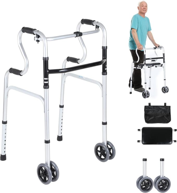 Inklapbare Looprek met Wielen en Zithulp - In Hoogte Verstelbaar Aluminium Rollator