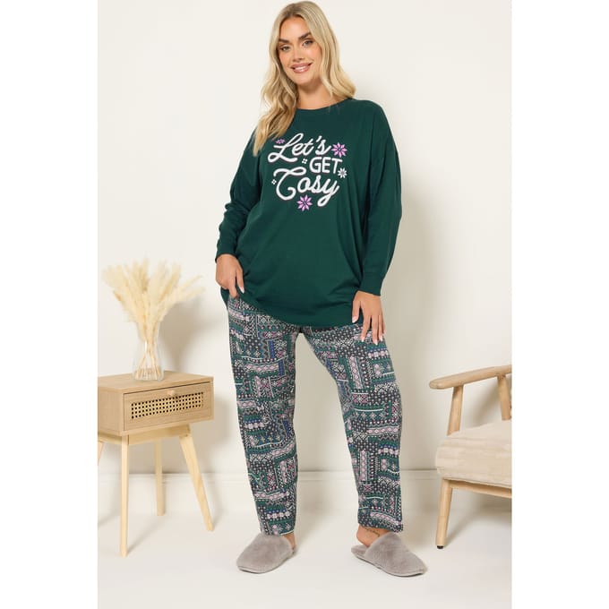 Yours Green 'Lets Get Cosy' Fairisle Pyjamaset Met Wijde Pijpen Size 42-44