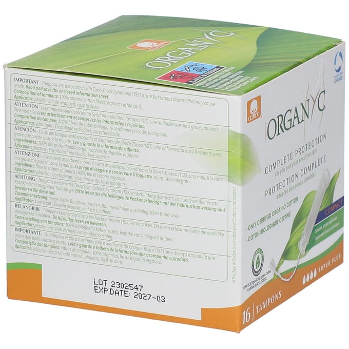 Organyc, biologische tampons, klein, super plus, verpakking van 16 yellow