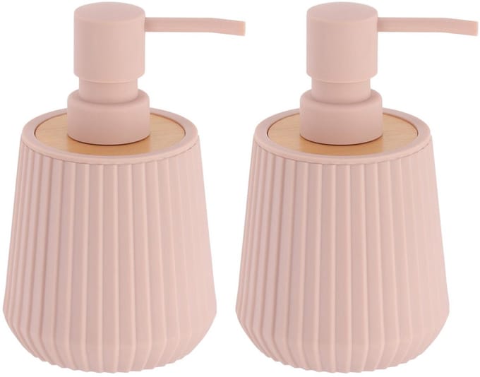 Tendance zeeppomp striped - 2x - roze - 250 ml - D8 x H15 cm - rubber/bamboe - zeep dispenser