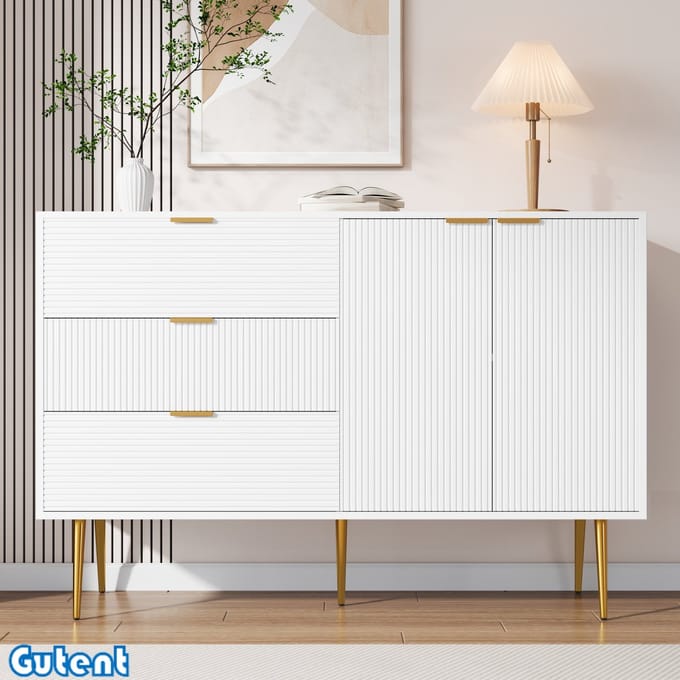Gutent Dressoir- met deuren en laden - Gouden handvat - Gouden benen - Wit