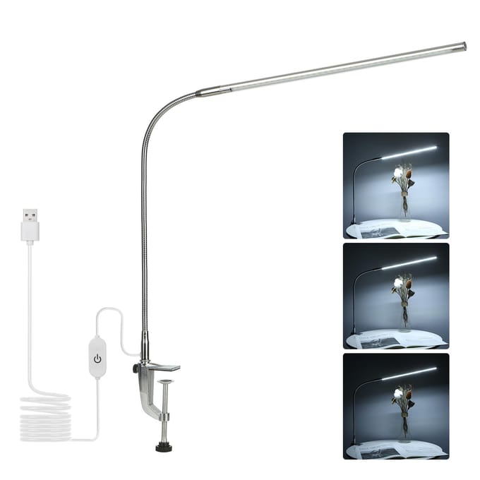 Lampe de bureau à clipser USB, éclairage blanc, commande tactile, LED à intensité variable, lampe de lecture, éclairage Flexible argenté