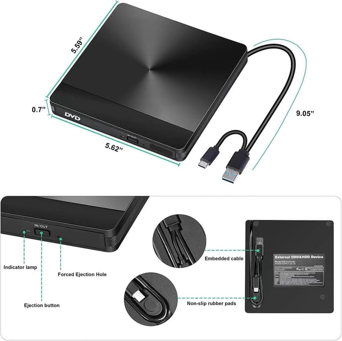 Externe DVD Brander - USB Optische Drive - Laptop PC - Hoge Snelheid - Draagbaar - Zwart