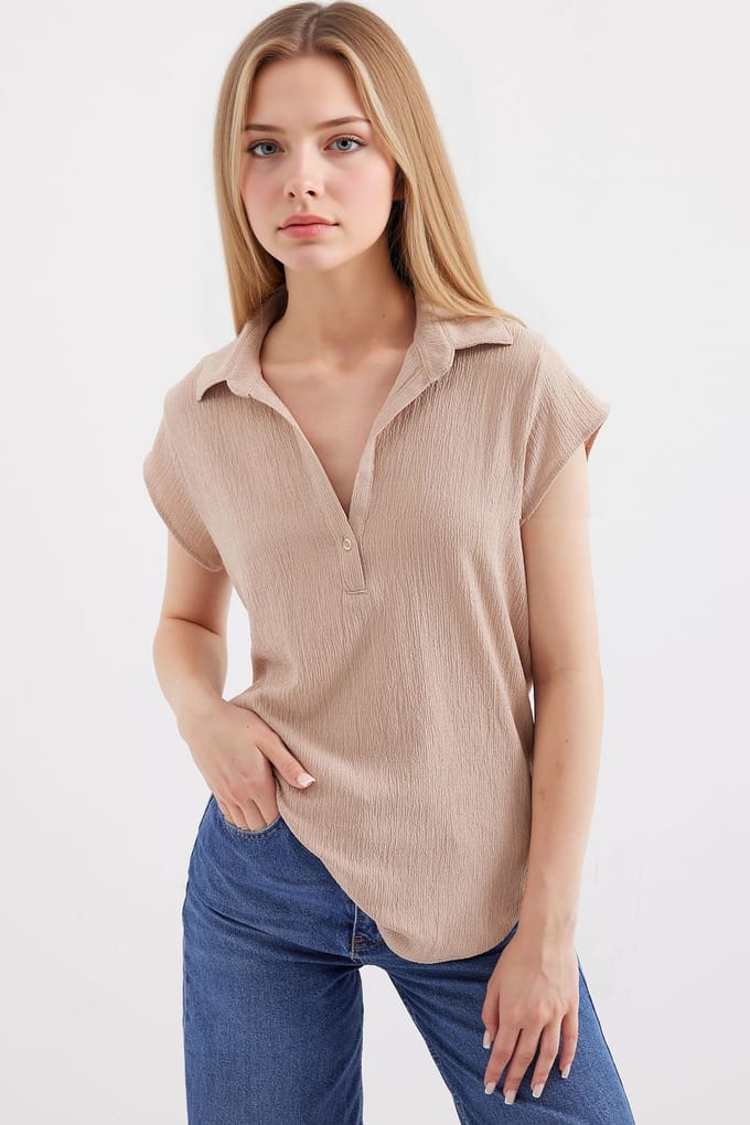 Textuur Polo Shirt Blouse met Knopsluiting
