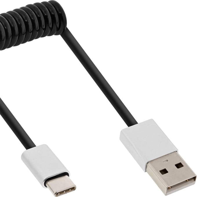InLine USB-C naar USB-A spiraalkabel - USB2.0 - tot 2A / zwart - 2 meter