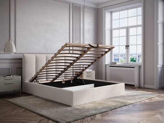 Vente-unique Bed met opbergruimte stof beige 140 x 190 cm