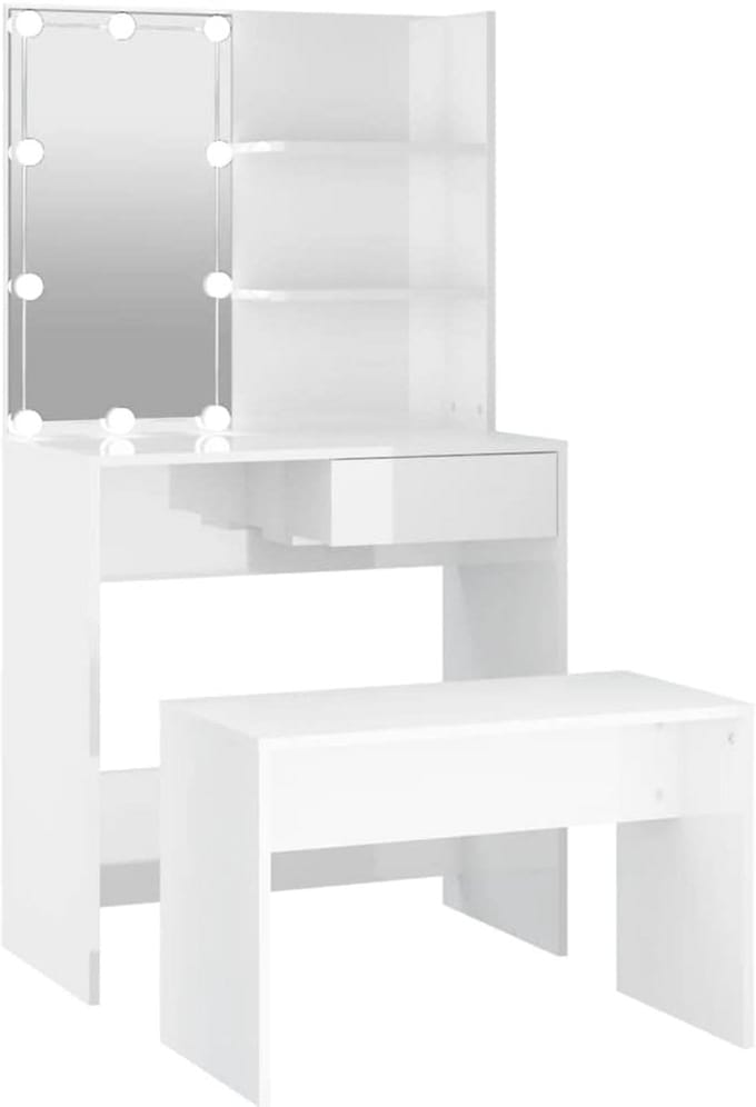Dressing Table Set with LEDs - High Gloss White Makeup Table and Mirror - Bedroom Furniture