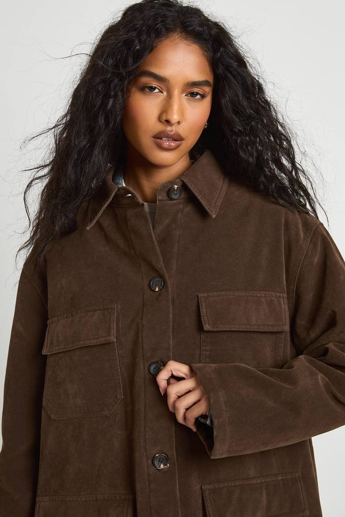 boohoo Dames Suede Look Utility Pocket Jacket | Chocolate | Maat: 8