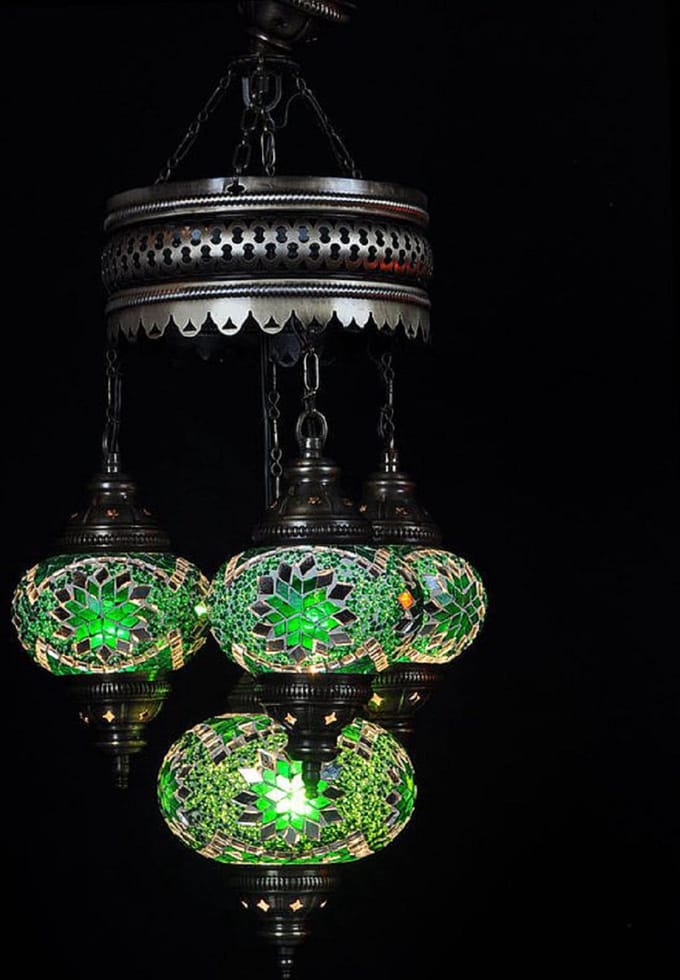 Turkse hanglamp mozaïek glas groen - hanglamp 4 bollen - hoogte 80 cm - E-14 fitting