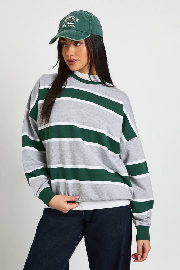 boohoo Dames Gestreepte Oversized Sweatshirt met Ronde Hals | Grijze Mergel | Maat: Small