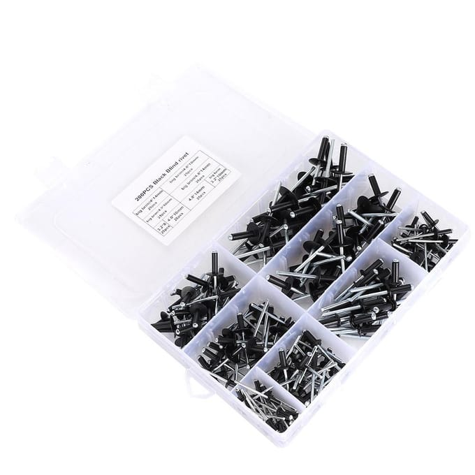 200 stuks Zwarte Blindklinknagelset Aluminium Blindklinknagel Bevestigingsmiddelen Assortiment 3.2 4.0 4.8mm