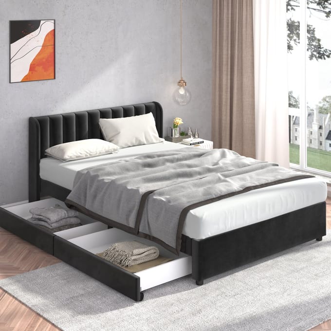 SINGULARITY-Gestoffeerd bed 160 x 200 cm fluweel met lattenbodem- rugleuning- 2 laden- zwart- zonder matras