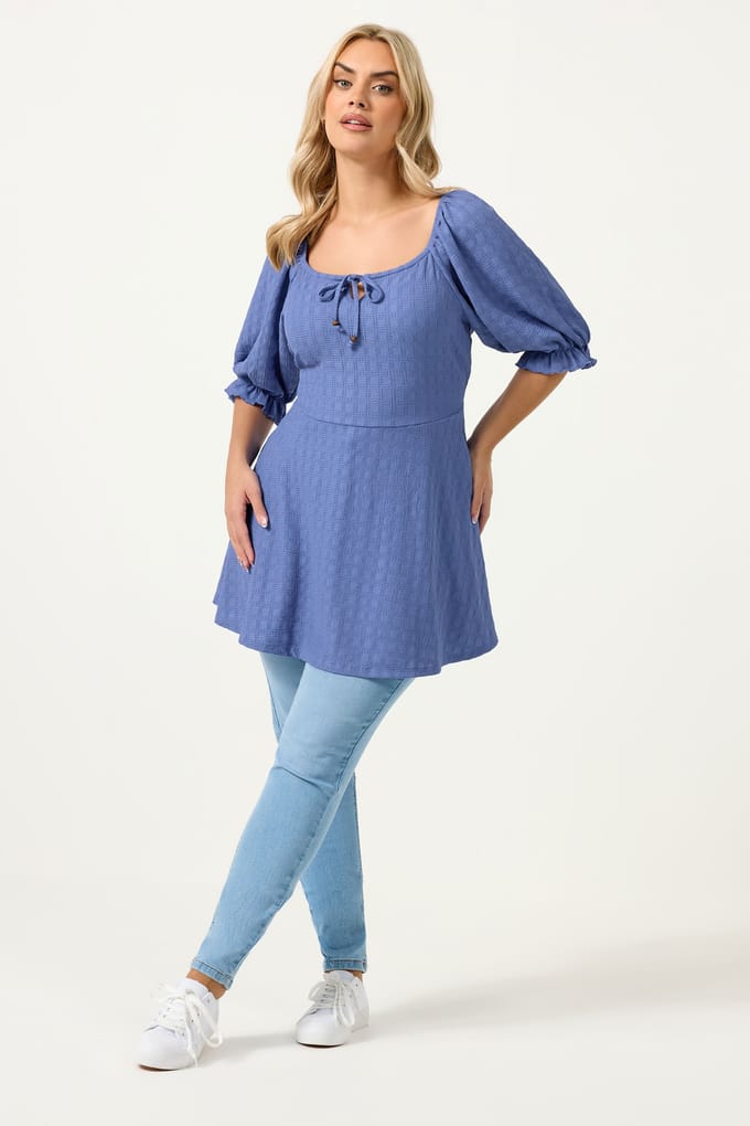 Yours Blauwe Getextureerde Melkmeisjestop Size 46
