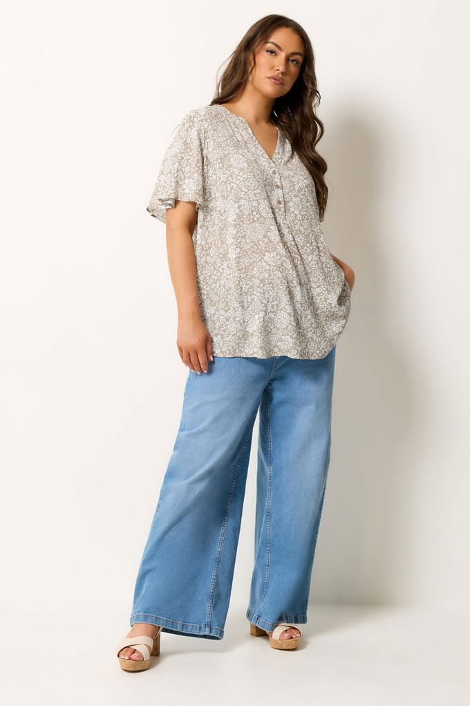 Yours Naturel Bruine Top Met Bloemenprint En Vhals Size 42