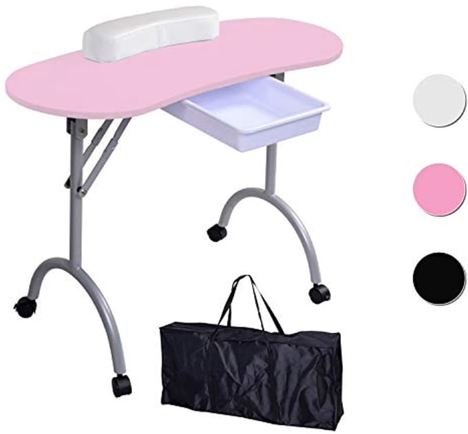 Opvouwbare manicuretafel met lade en handkussen - Roze