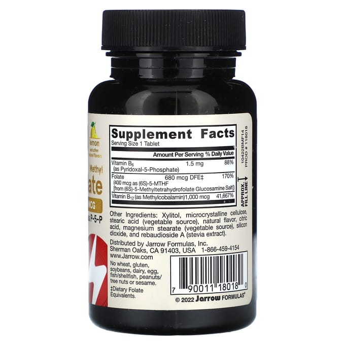 Jarrow Formulas, Méthyl B-12 & Acide Folique Méthylé Végans, Extra Force, Saveur Citron, 100 Comprimés à Croquer