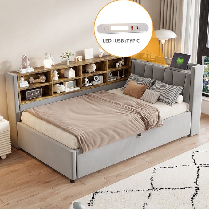 MODFU - Bedframe 90x200 cm – Lichtgrijs fluweel met gestreept hoofdbord & USB/Type-C – Hydraulisch