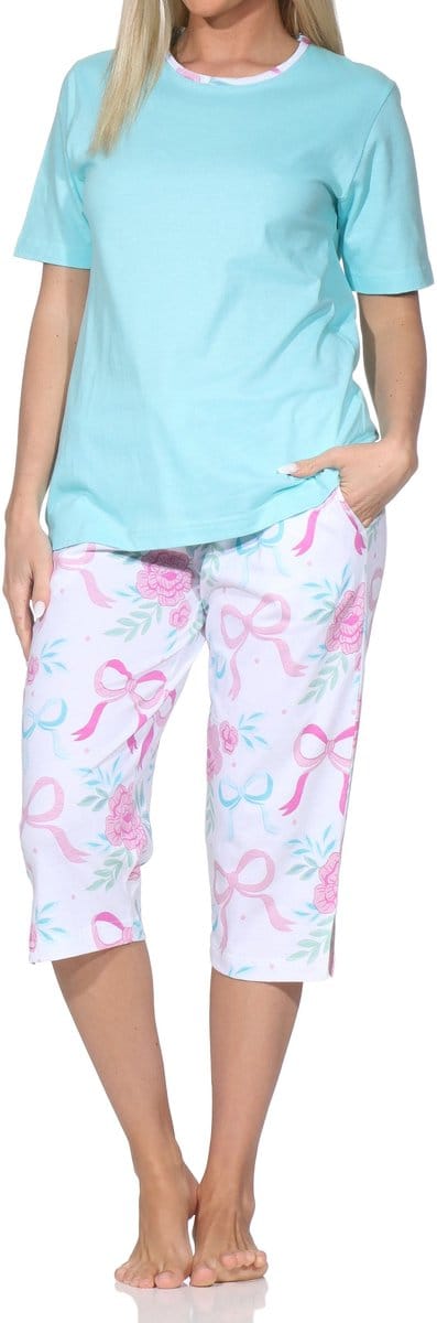 Normann dames capri shortama met korte mouwen – romantisch strik- & rozen-design