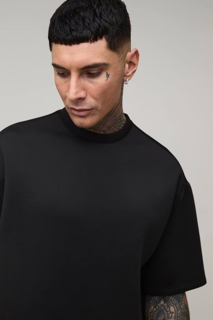 Tall Oversized Boxy Bonded Scuba T-Shirt | Black | Size Medium