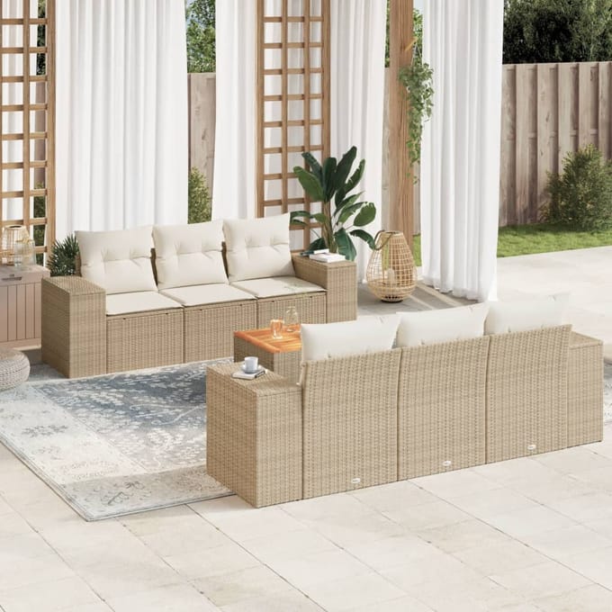 vidaXL - 7-delige - Loungeset - met - kussens - poly - rattan - beige