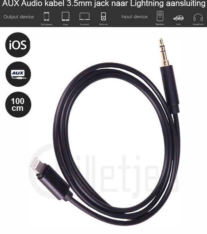 Aux Kabel Auto iPhone - Iphone Aux-kabel auto - iPhone Lightning 3.5 mm - Jack audio aansluiting - (Zwart)