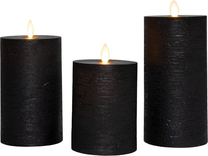 Anna's Collection LED kaars oplaadbaar flame effect rustiek set 7.5 cm zwart 3 stuks