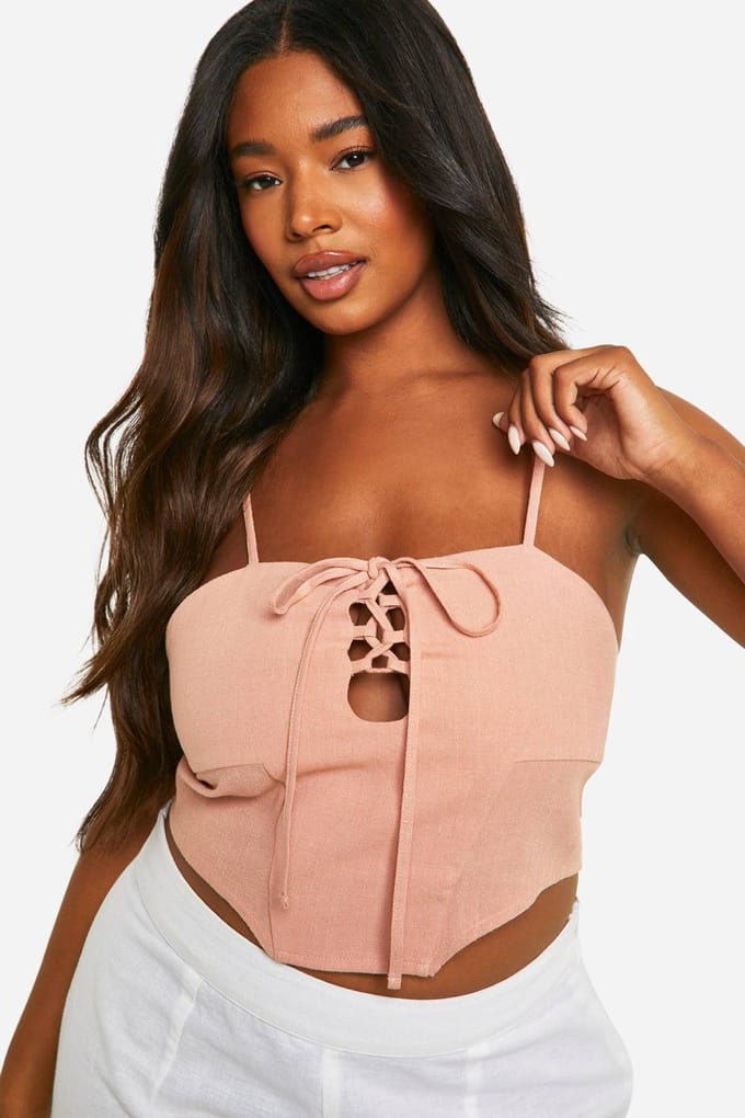 boohoo Dames Plus Linnen-Look Vetersysteem-Korset Top | Roest | Maat: 56