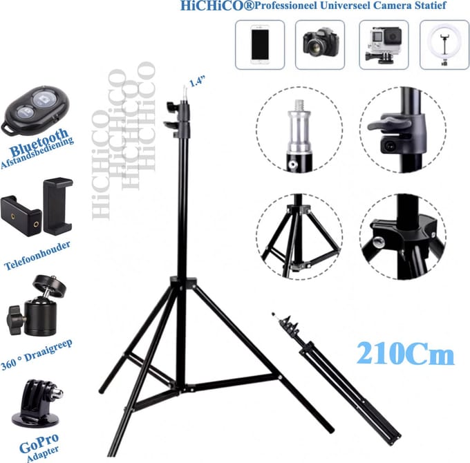 Tripod Camera Statief 180 Cm + Telefoonhouder, 360 ° horizontaal en Bluetooth Remote Shutter – HiCHiCO