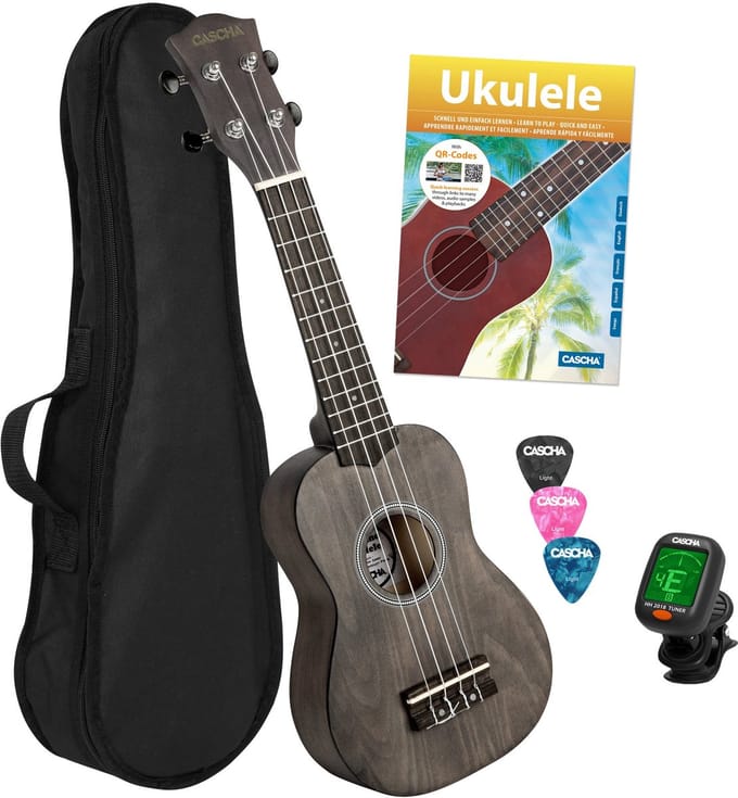 Cascha HH 3969 sopraan ukelele set zwart (4-talig)