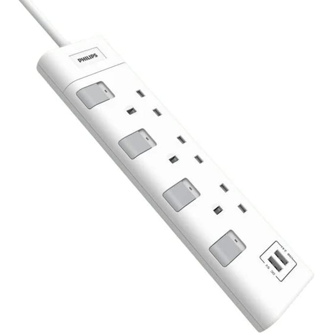 Philips 3-weg Stekkerdoos 230V – 2 Meter Kabel – 3 Stopcontacten – Wit – Veilige Verlengstekker