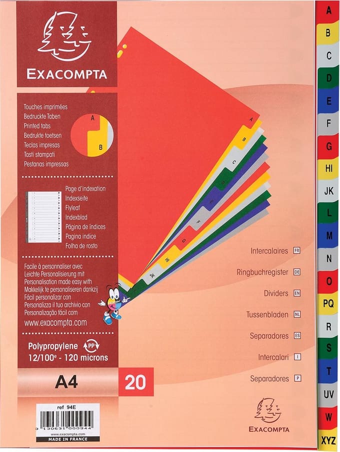 Exacompta 20x Tabbladen met bedrukte tabs in gekleurde PP - 20 tabs - A tot Z- A4 - Geassorteerd - 94E