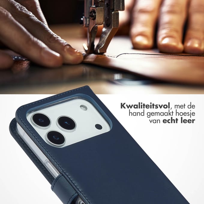 Selencia Hoesje - Geschikt voor Apple iPhone 17 Pro - Echt Lederen Bookcase - Blauw