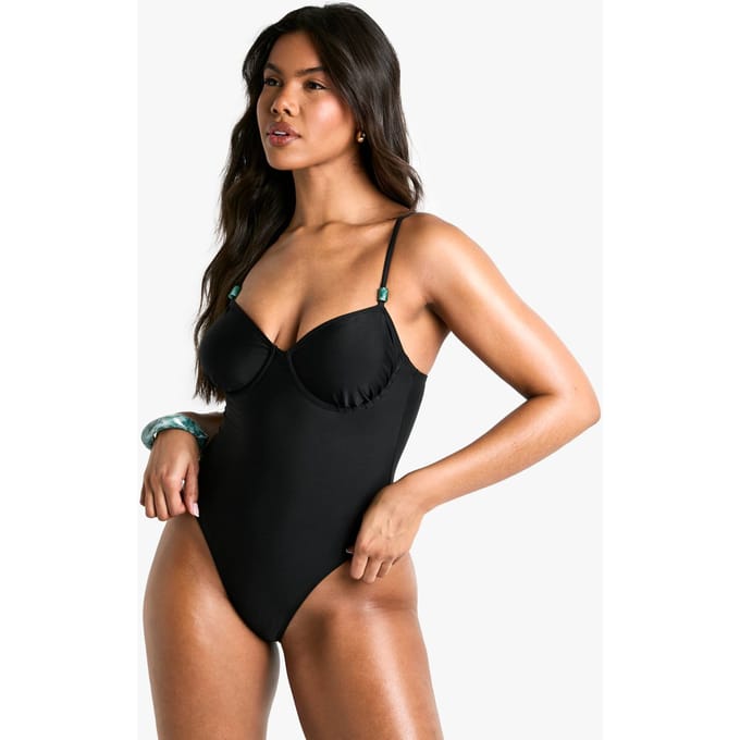 boohoo Dames Resin Trim Zwempak | Zwart | Maat: 34