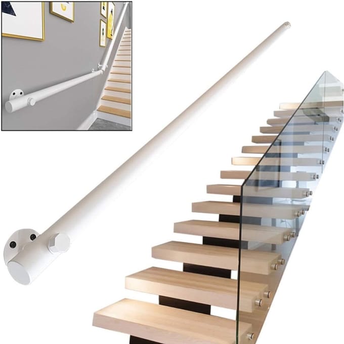 Trapleuning Hout - Steunbeugel Muur - Veiligheid Binnenshuis - Complete Kit - 50 cm - Wit