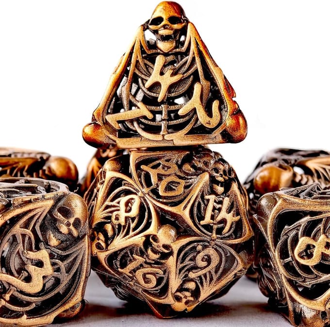 Metalen Dobbelstenen - RPG Dobbelstenen - Rollenspellen - Hol Schedel Ontwerp - 7 Stuks Set - Oud Brons