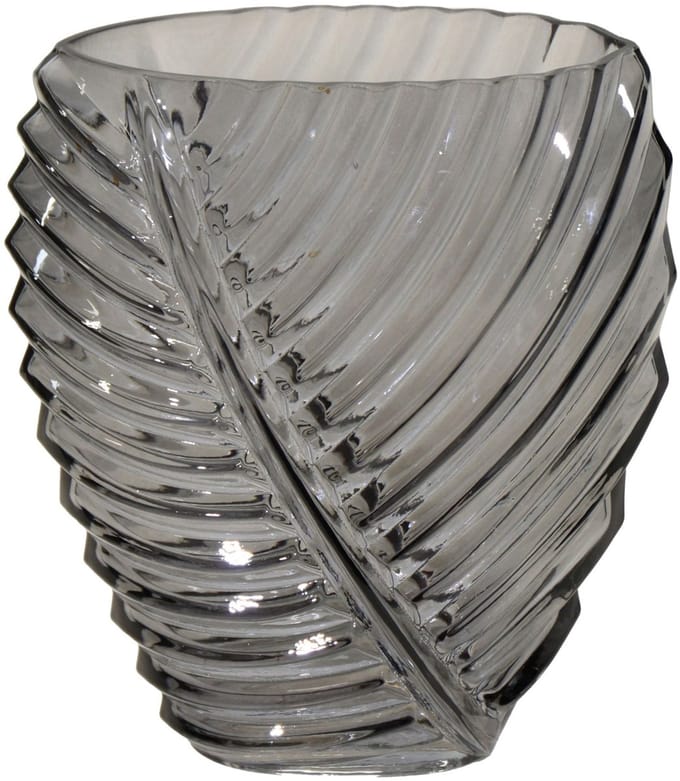 Mega Collections Bloemenvaas Leafy - grijs - glas - blader relief - 14 x 25 cm