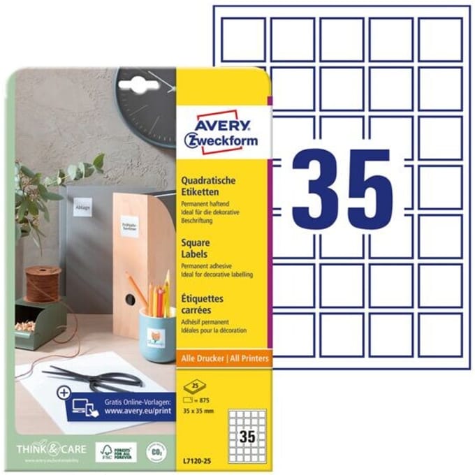 Avery-Zweckform QR-code etiketten L7120-25 (N/A ),Wit, Vierkant, 875 stuk(s), Permanent hechtend