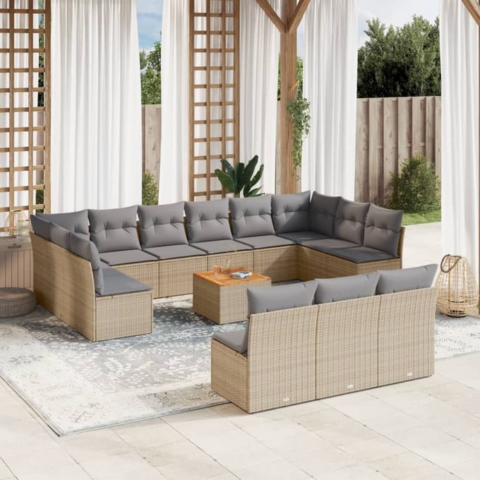 vidaXL - 14-delige - Loungeset - met - kussens - poly - rattan - gemengd - beige