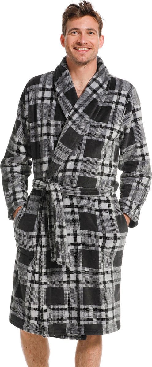 Pastunette heren badjas Fleece - 115CM - Ruit - L - Grijs