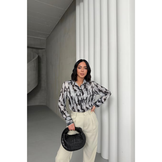Abstracte Print Lange Mouw Knopenblouse