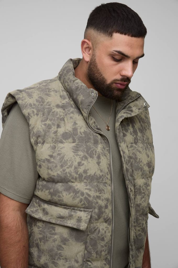 Plus gewassen cord oversized trechterhalsgilet | Khaki | Size 2XL
