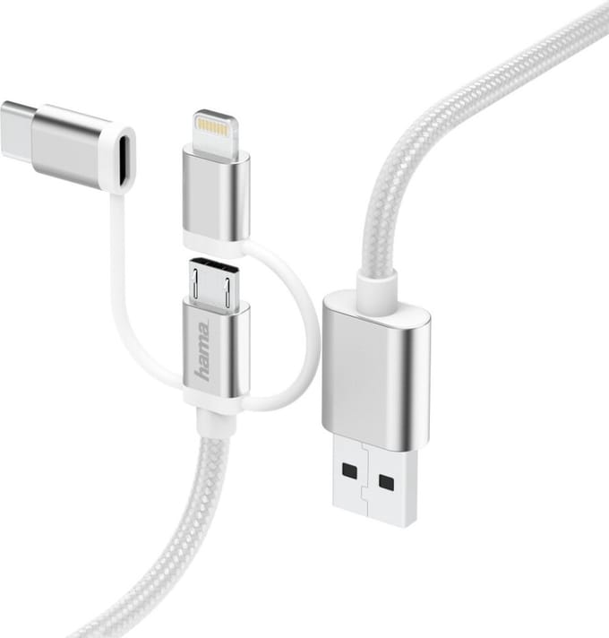 Hama 3in1-micro-USB-kabel met adapter naar USB-Type-C en Lightning, 0,2m, wit