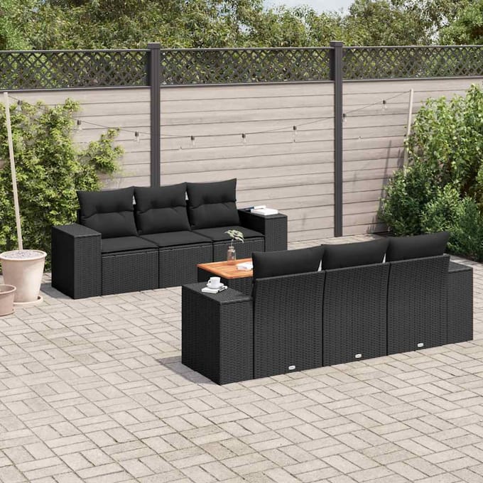 vidaXL - 7-delige - Loungeset - met - kussens - poly - rattan - zwart