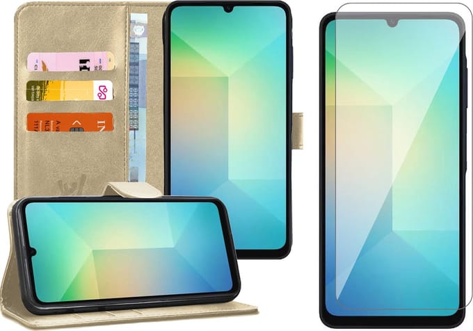 Hoesje geschikt voor Samsung Galaxy A06 - Screenprotector Glas - Portemonnee Book Case Goud