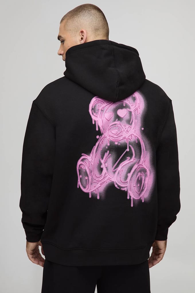 Zwarte oversized spray-on teddy bedrukte hoodie | Black | Size Medium
